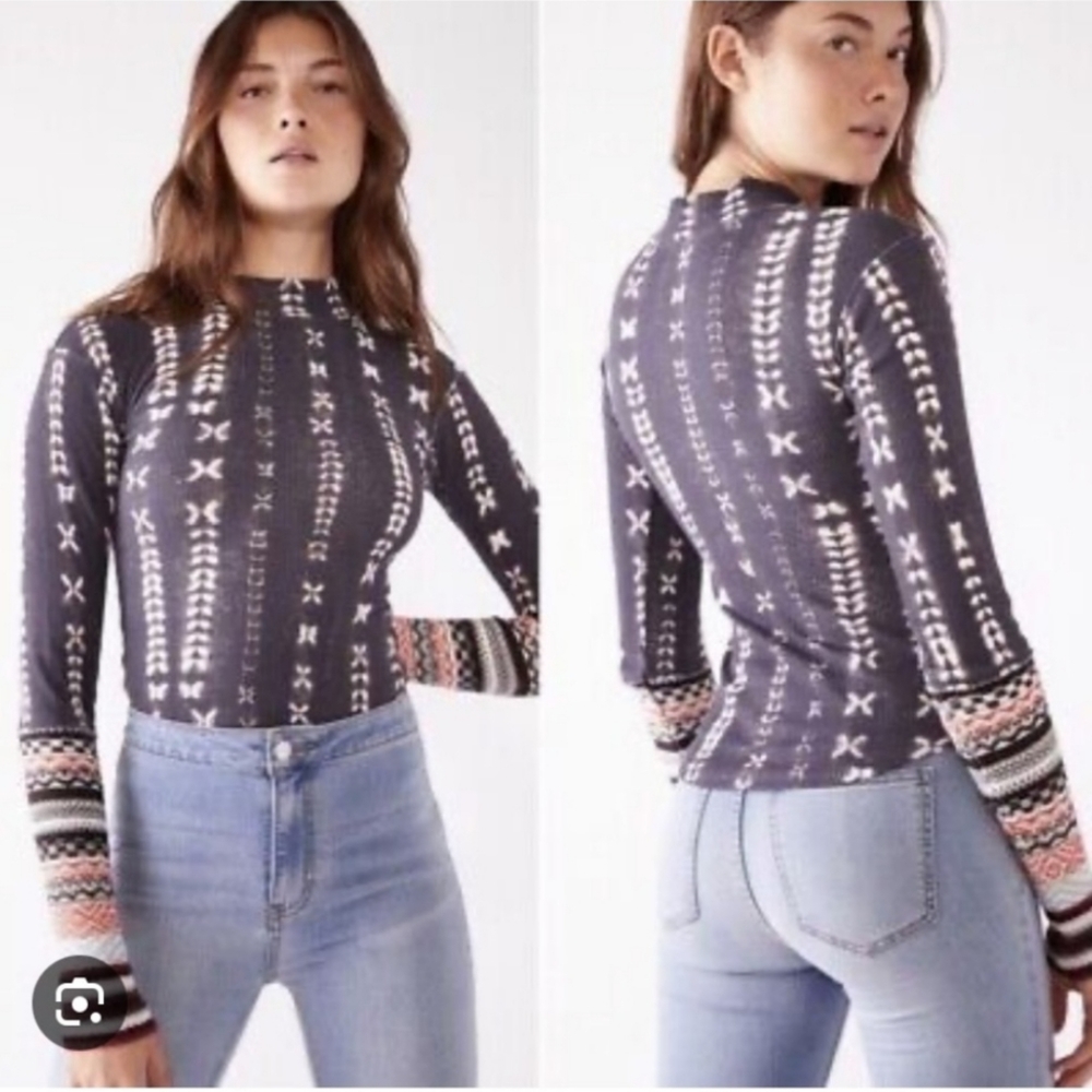 Free People WONDERFUL SWIT THERMAL CUFF TOP CHARCOAL COMBO - size small